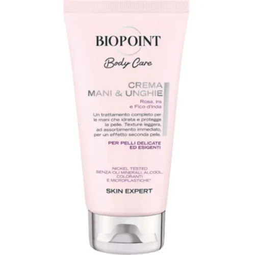 Jasnoróżowa tubka kremu do rąk i paznokci Biopoint Body Care z różą, irysem i opuncją.