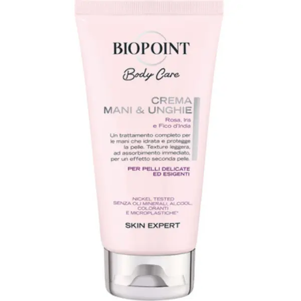 Jasnoróżowa tubka kremu do rąk i paznokci Biopoint Body Care z różą, irysem i opuncją.