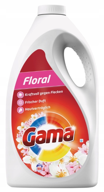 Gama Floral żel do prania 5 l 100 prań w dużej butelce z wygodnym uchwytem.