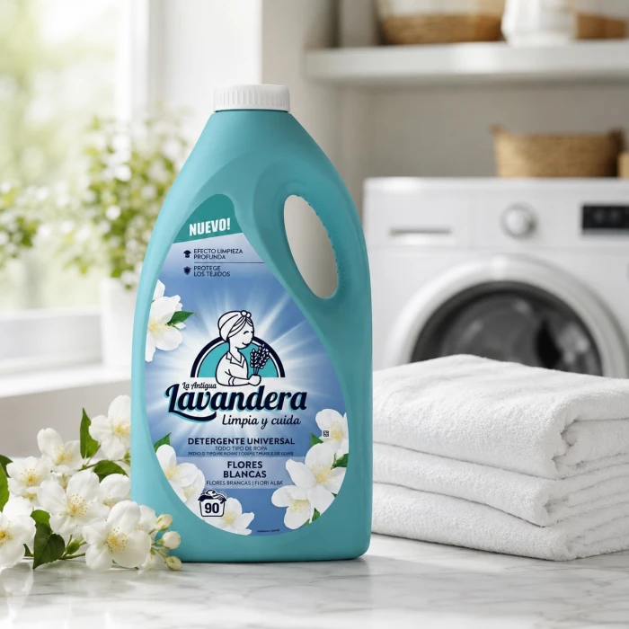 Uniwersalny żel do prania La Antigua Lavandera o zapachu białych kwiatów do codziennej pielęgnacji tkanin.
