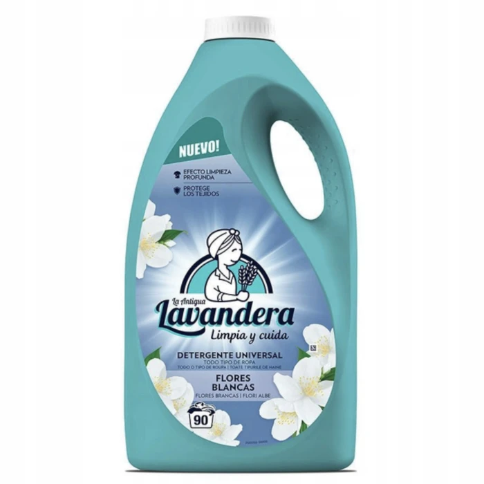 La Antigua Lavandera Flores Blancas żel do prania 90 prań w dużej butelce z wygodnym uchwytem.