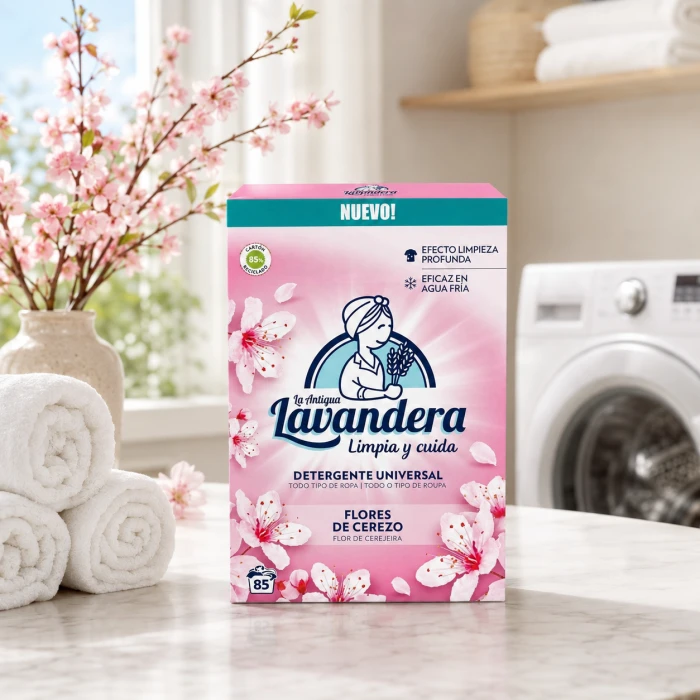 Proszek do prania La Antigua Lavandera Flores de Cerezo skuteczny również w zimnej wodzie.