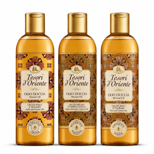 Tesori d’Oriente olejek pod prysznic zestaw 3 x 250 ml Amla Sezam Argan Cyperus Ryż Tsubaki