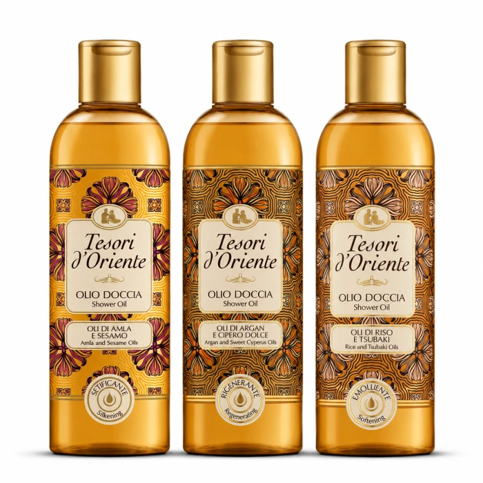 Tesori d’Oriente olejek pod prysznic zestaw 3 x 250 ml Amla Sezam Argan Cyperus Ryż Tsubaki