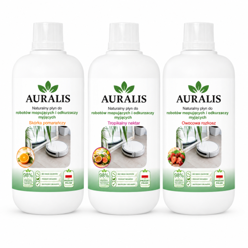 AURALIS zestaw naturalnych płynów do robotów mopujących 3 × 500 ml Skórka Pomarańczy Tropikalny Nektar Owocowa Rozkosz