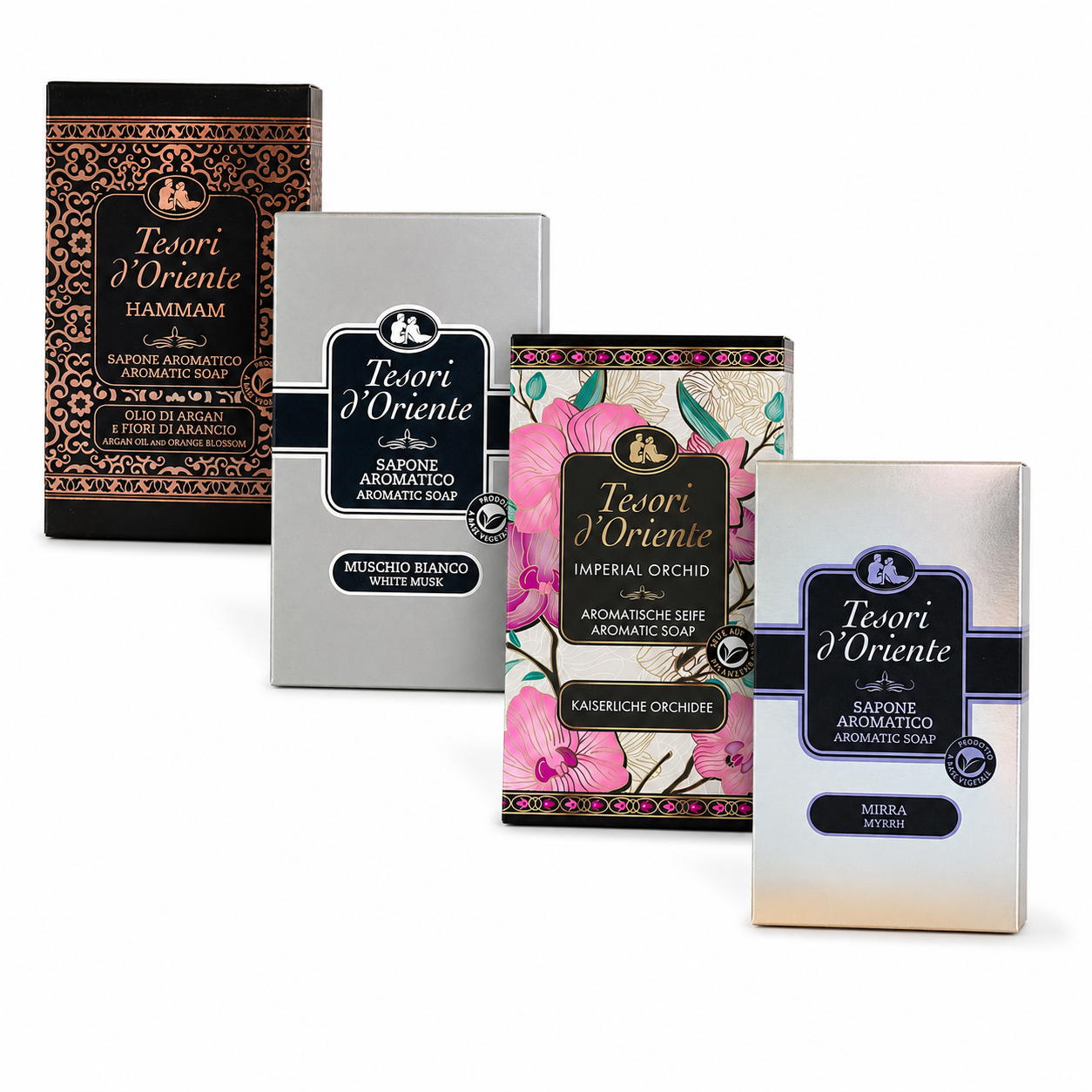 Набор мыла Tesori d'Oriente Hammam, Muschio Bianco, Imperial Orchid, Mirra, 4 шт